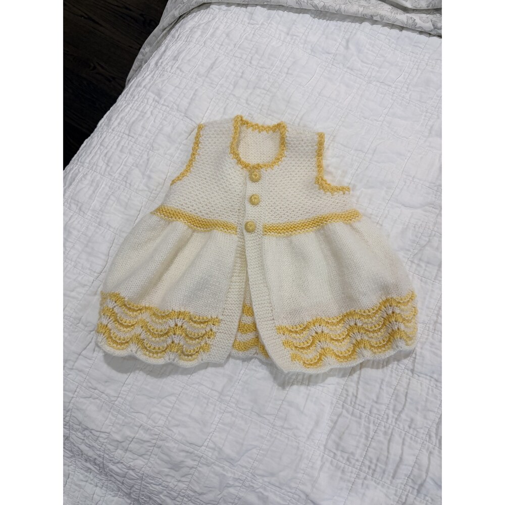 Handmade Knit Baby Dress Vest Cream Yellow Scallop Trim Button Front